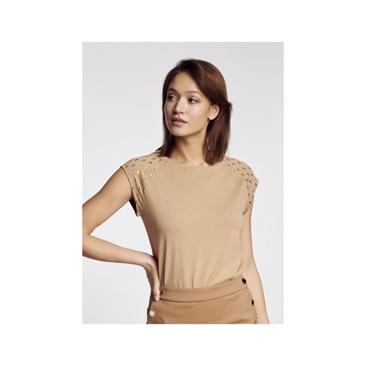 Beżowy T-shirt ze złotym nadrukiem damski ze sklepu OCHNIK w kategorii Bluzki damskie - zdjęcie 172562070