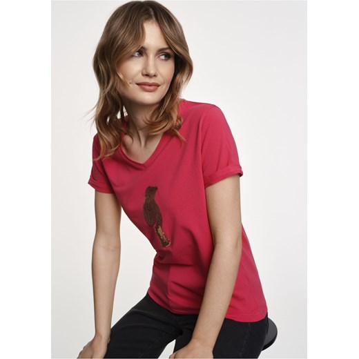 Różowy T-shirt damski z aplikacją wilgi Ochnik One Size OCHNIK wyprzedaż