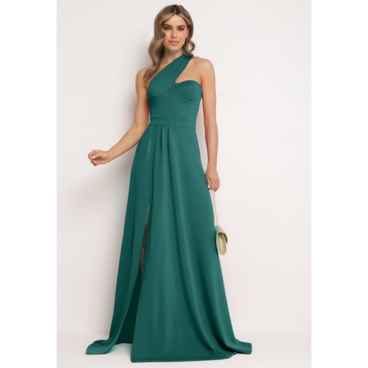Zielona Rozkloszowana Sukienka z Asymetryczną Górą i Wiązaniem na Ramieniu z Rozcięciem Efirey ze sklepu Born2be Odzież w kategorii Sukienki - zdjęcie 172580303