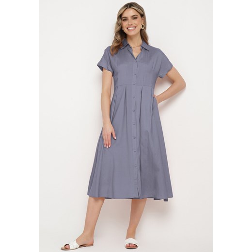 Niebieska Koszulowa Sukienka z Lnem i Wiskozą Ircilla ze sklepu Born2be Odzież w kategorii Sukienki - zdjęcie 172580382