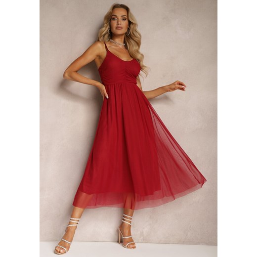 Sukienka czerwona Renee z dekoltem w literę v rozkloszowana elegancka 
