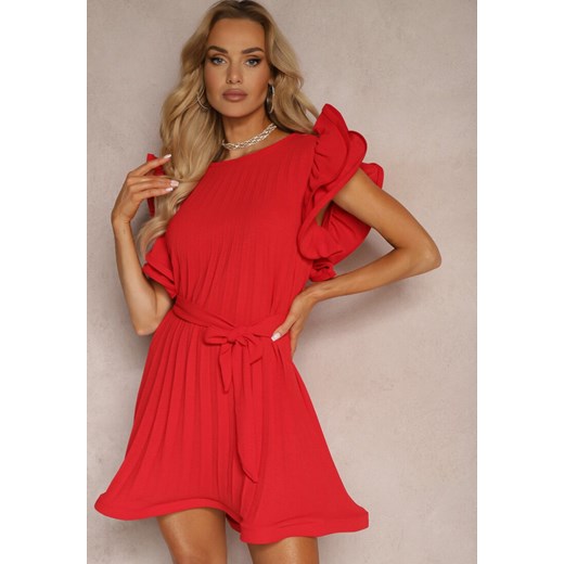 Czerwona Sukienka o Plisowanym Kroju z Falbankami i Materiałowym Paskiem Criselle ze sklepu Renee odzież w kategorii Sukienki - zdjęcie 172580630