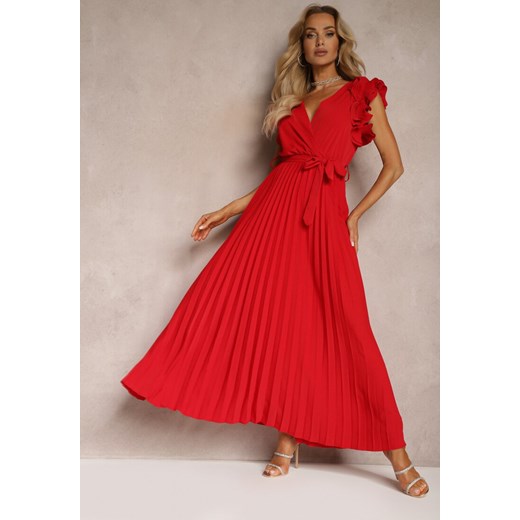 Sukienka Renee z dekoltem w serek czerwona z krótkim rękawem maxi elegancka 