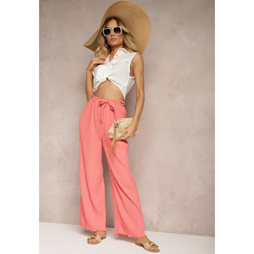 Różowe Spodnie o Szerokim Fasonie z Paskiem w Talii Pubolia ze sklepu Renee odzież w kategorii Spodnie damskie - zdjęcie 172585423