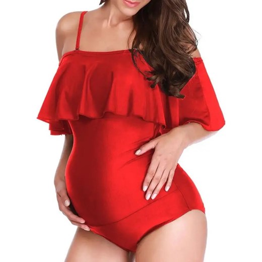 Jednoczęściowy strój kąpielowy z falbanką dla kobiet w ciąży - Czerwony / S ze sklepu Maybella.pl w kategorii Stroje kąpielowe - zdjęcie 172589152