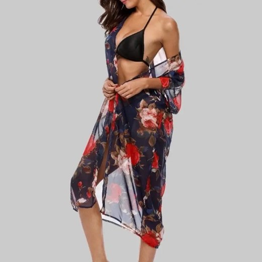 Kimono plażowe wzór róż - Czarny / Uniwersalny ze sklepu Maybella.pl w kategorii Odzież plażowa - zdjęcie 172589224