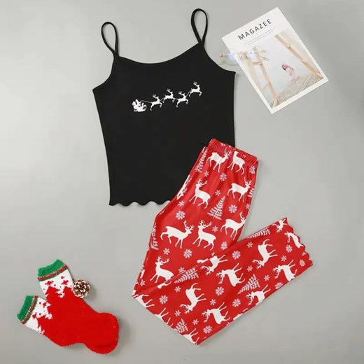 Świąteczna piżama damska dwuczęściowa - Czerwony / M ze sklepu Maybella.pl w kategorii Piżamy damskie - zdjęcie 172590752