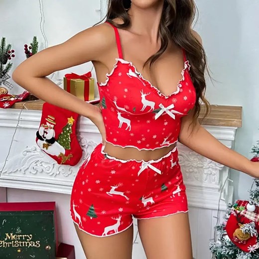 Świąteczna piżama damska na ramiączkach - Czerwony / M ze sklepu Maybella.pl w kategorii Piżamy damskie - zdjęcie 172590753