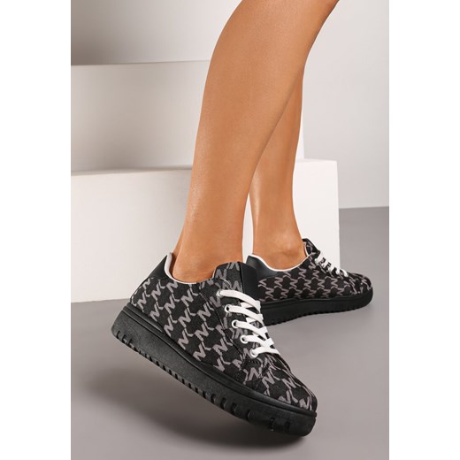 Czarne Płaskie Sznurowane Sneakersy z Wzorem Imitującym Napis Miremia ze sklepu born2be.pl w kategorii Buty sportowe damskie - zdjęcie 172600134