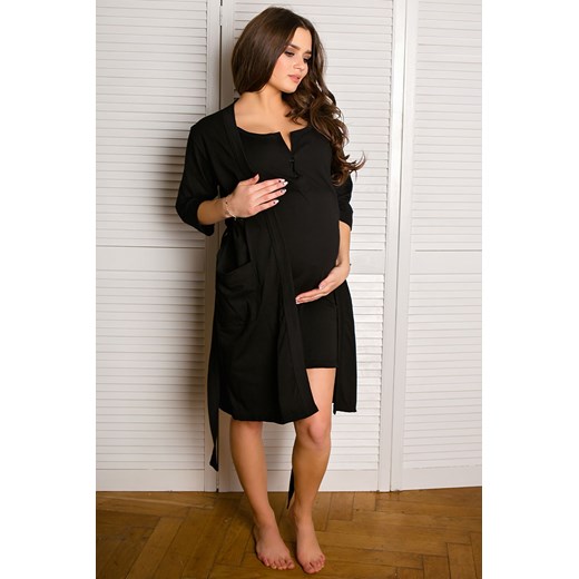 Bawełniany szlafrok z paskiem dla kobiet w ciąży - czarny M okazja 5.10.15