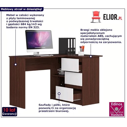 Biurko narożne komputerowe z szufladami wenge + biały - Heron 2X Elior One Size Edinos.pl