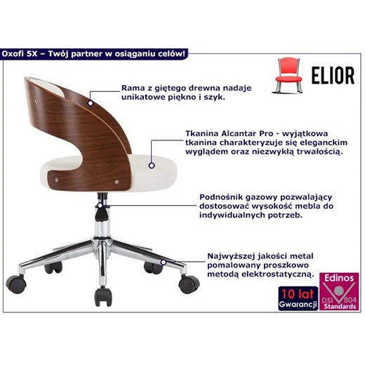 Biały tapicerowany fotel obrotowy z drewnem orzechowym - Oxofi 5X Elior One Size Edinos.pl