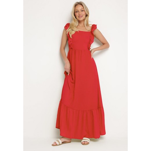 Czerwona Sukienka na Ramiączkach z Falbankami i Gumką w Talii z Wiązaniem na Plecach Tiolla ze sklepu Born2be Odzież w kategorii Sukienki - zdjęcie 172610842