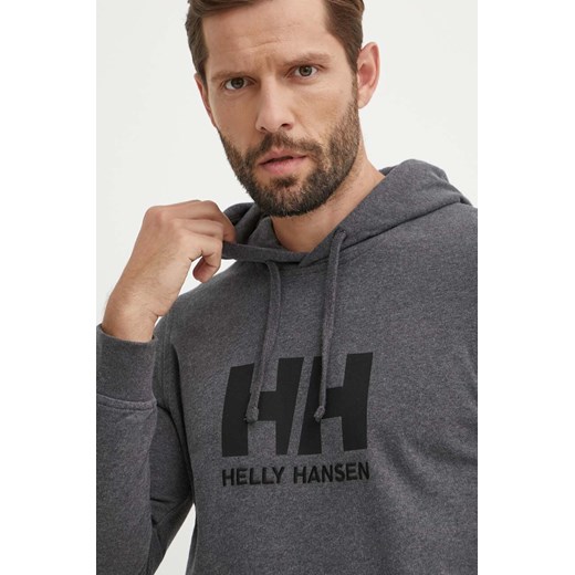 Helly Hansen bluza bawełniana HH LOGO HOODIE męska kolor szary z kapturem z aplikacją 33977 ze sklepu PRM w kategorii Bluzy męskie - zdjęcie 172617224