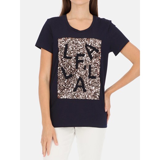 Granatowy t-shirt damski z cekinową aplikacją L'AF Paris ze sklepu Eye For Fashion w kategorii Bluzki damskie - zdjęcie 172623172