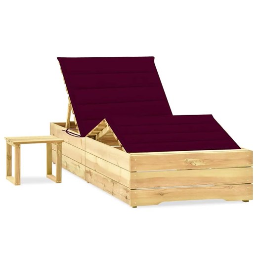 Drewniany leżak z poduszką i stolikiem bordowy - Mitros ze sklepu Edinos.pl w kategorii Leżaki ogrodowe - zdjęcie 172624511