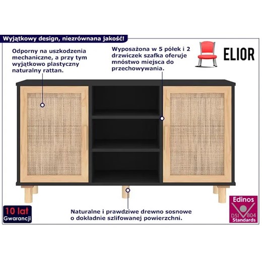 Czarna komoda z półkami na nóżkach - Cukor 5X Elior One Size Edinos.pl okazja