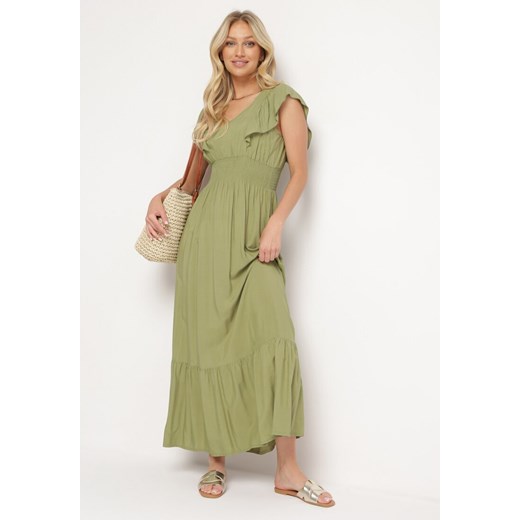 Zielona Rozkloszowana Sukienka z Bawełny z Gumką w Talii i Falbankami Dimissa ze sklepu Born2be Odzież w kategorii Sukienki - zdjęcie 172625441