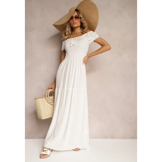 Biała Sukienka Hiszpanka z Wiskozy z Górą Marszczoną Gumkami Moallme ze sklepu Renee odzież w kategorii Sukienki - zdjęcie 172625742