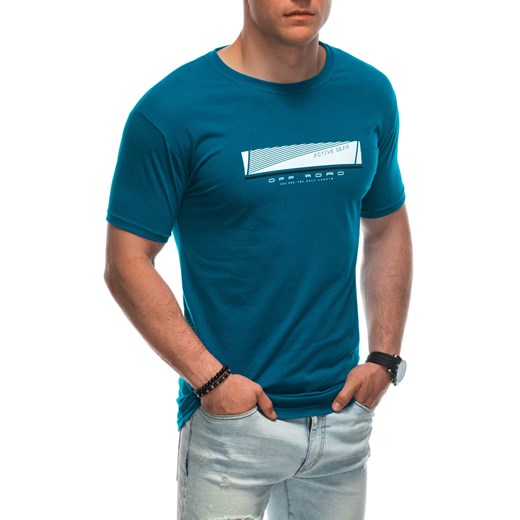 T-shirt męski z nadrukiem 1946S - turkusowy ze sklepu Edoti w kategorii T-shirty męskie - zdjęcie 172627632