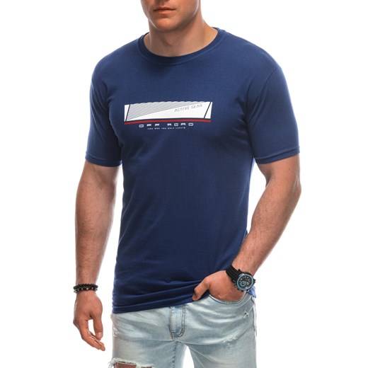T-shirt męski z nadrukiem 1946S - ciemnoniebieski ze sklepu Edoti w kategorii T-shirty męskie - zdjęcie 172627644