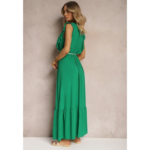 Zielona Bawełniana Sukienka z Wiskozą z Kopertowym Dekoltem z Gumką i Sznurkiem Renee L promocyjna cena Renee odzież
