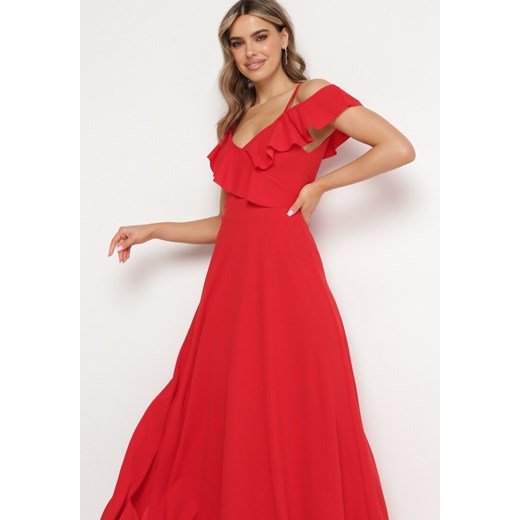 Czerwona Koktajlowa Sukienka na Ramiączkach z Falbankami i Rozcięciem Waterlily L okazja Born2be Odzież