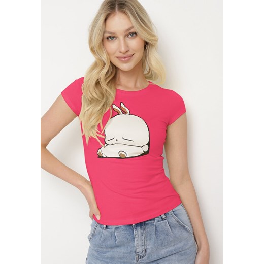 Fuksjowy Bawełniany T-shirt z Ozdobnym Nadrukiem Ianestra ze sklepu Born2be Odzież w kategorii Bluzki damskie - zdjęcie 172634801