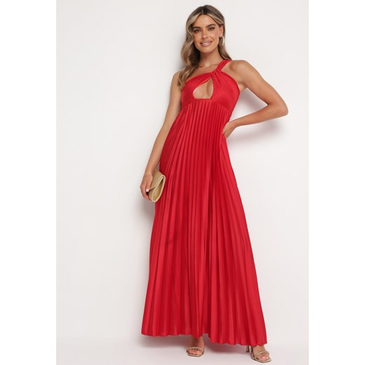 Czerwona Plisowana Sukienka na Jedno Ramię z Gumką w Pasie Elasha ze sklepu Born2be Odzież w kategorii Sukienki - zdjęcie 172635273