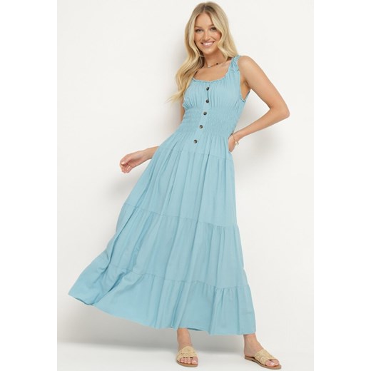Niebieska Bawełniana Sukienka z Ozdobnymi Guzikami i Gumką w Talii Cravia ze sklepu Born2be Odzież w kategorii Sukienki - zdjęcie 172635301