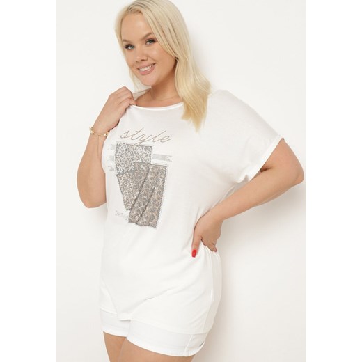 Biały Bawełniany T-shirt z Ozdobnym Napisem i Cyrkoniami Krisiona ze sklepu Born2be Odzież w kategorii Bluzki damskie - zdjęcie 172635854