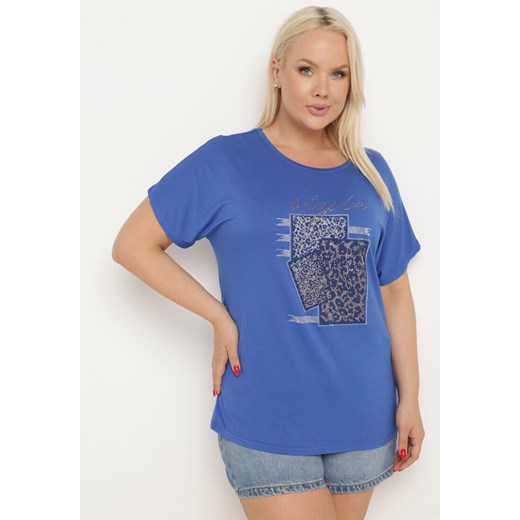 Niebieski Bawełniany T-shirt z Ozdobnym Napisem i Cyrkoniami Krisiona XL okazja Born2be Odzież