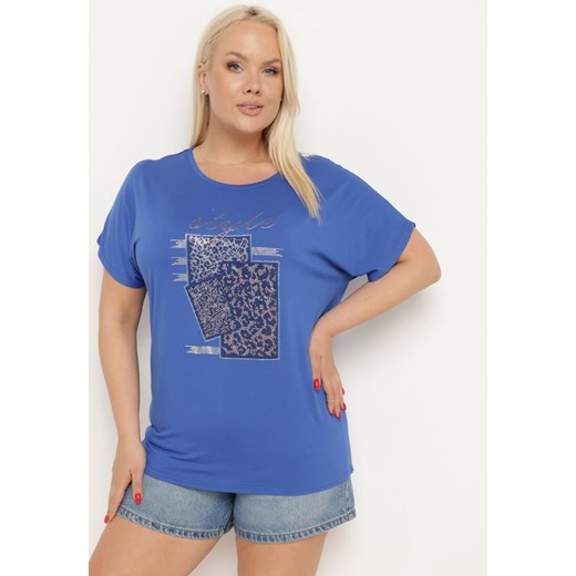 Niebieski Bawełniany T-shirt z Ozdobnym Napisem i Cyrkoniami Krisiona XL promocyjna cena Born2be Odzież