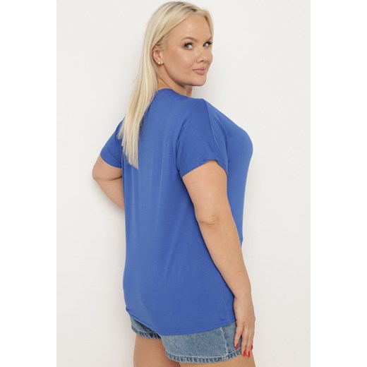 Niebieski Bawełniany T-shirt z Ozdobnym Napisem i Cyrkoniami Krisiona XL okazyjna cena Born2be Odzież