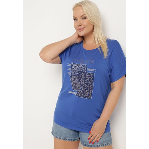 Niebieski Bawełniany T-shirt z Ozdobnym Napisem i Cyrkoniami Krisiona XL Born2be Odzież okazyjna cena