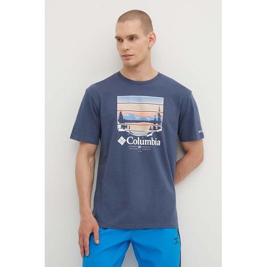 Columbia t-shirt bawełniany Path Lake męski kolor niebieski z nadrukiem 1934814 ze sklepu ANSWEAR.com w kategorii T-shirty męskie - zdjęcie 172640150