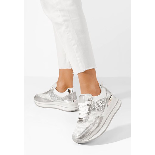 Buty sportowe damskie srebrne Zapatos sneakersy na platformie wiązane 