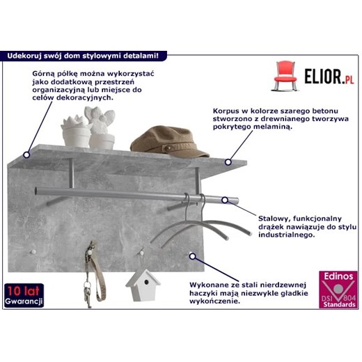 Betonowo-szary wieszak wiszący z półką – Remel Elior One Size Edinos.pl