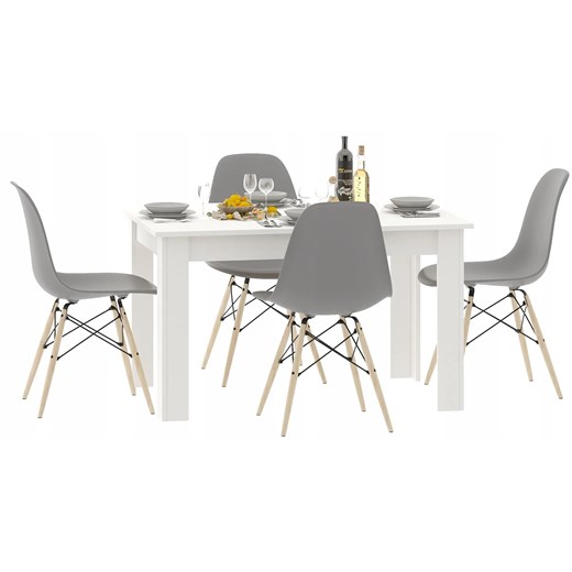 Biały prostokątny stół i 4 szare krzesła do jadalni - Rezo ze sklepu Edinos.pl w kategorii Zestawy mebli kuchennych - zdjęcie 172650112