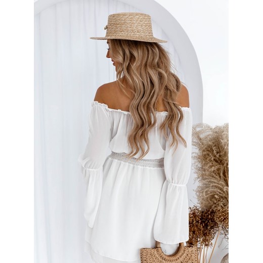 Sukienka Pakuten z dekoltem typu hiszpanka boho biała mini