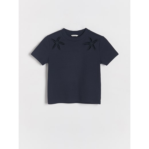 Reserved - T-shirt z haftowanym wzorem - granatowy ze sklepu Reserved w kategorii Bluzki dziewczęce - zdjęcie 172652941