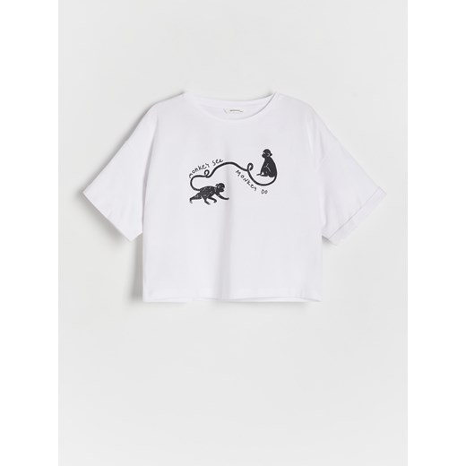 Reserved - Bawełniany t-shirt z aplikacją - biały ze sklepu Reserved w kategorii Bluzki dziewczęce - zdjęcie 172654813
