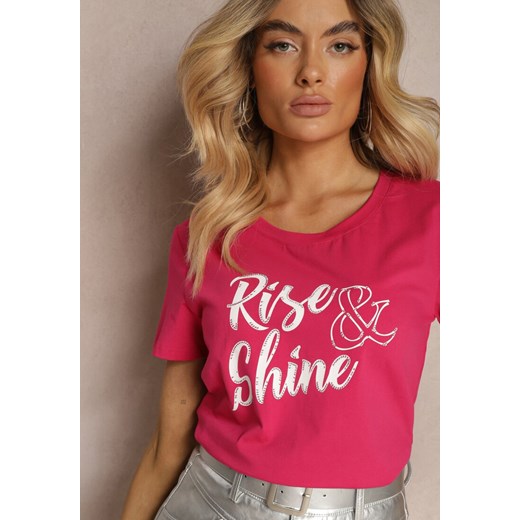 Fuksjowy T-shirt z Bawełny z Krótkim Rękawem i Ozdobnym Nadrukiem z Cyrkoniami Renee S okazyjna cena Renee odzież