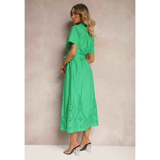 Zielona Bawełniana Sukienka o Ażurowym Wykończeniu z Paskiem w Talii Zapinana na Renee S okazyjna cena Renee odzież