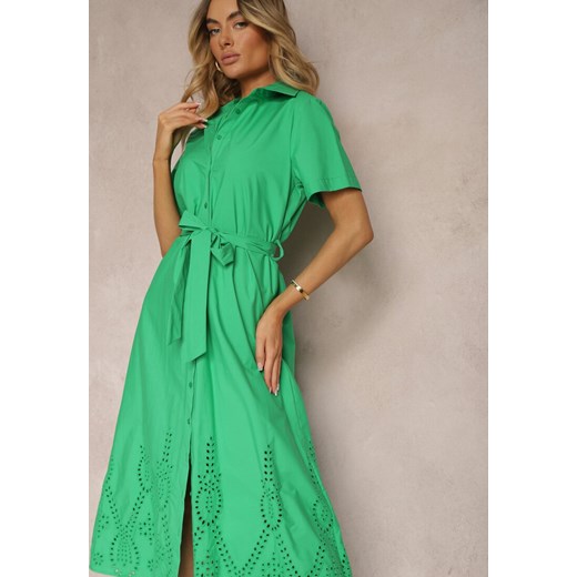 Zielona Bawełniana Sukienka o Ażurowym Wykończeniu z Paskiem w Talii Zapinana na Renee M wyprzedaż Renee odzież