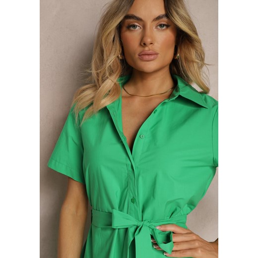 Zielona Bawełniana Sukienka o Ażurowym Wykończeniu z Paskiem w Talii Zapinana na Renee M okazyjna cena Renee odzież