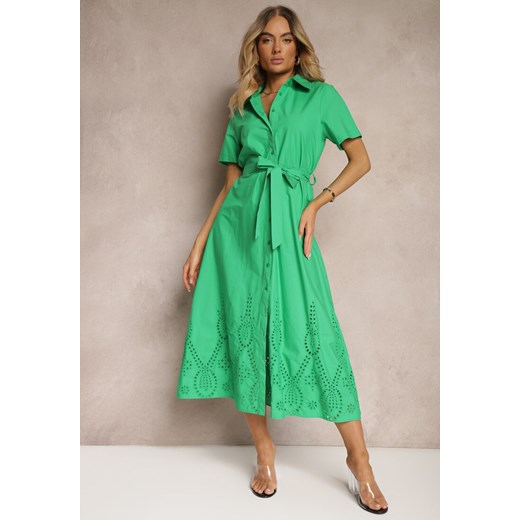 Zielona Bawełniana Sukienka o Ażurowym Wykończeniu z Paskiem w Talii Zapinana na Renee S promocyjna cena Renee odzież