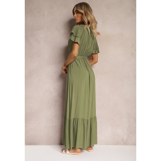 Zielona Sukienka z Bawełny z Gumką w Talii Zdobiona Falbankami z Materiałowym Renee S okazja Renee odzież
