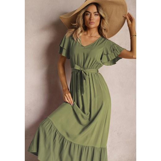 Zielona Sukienka z Bawełny z Gumką w Talii Zdobiona Falbankami z Materiałowym Renee M Renee odzież okazyjna cena