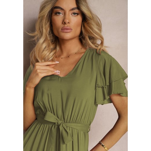 Zielona Sukienka z Bawełny z Gumką w Talii Zdobiona Falbankami z Materiałowym Renee M promocyjna cena Renee odzież